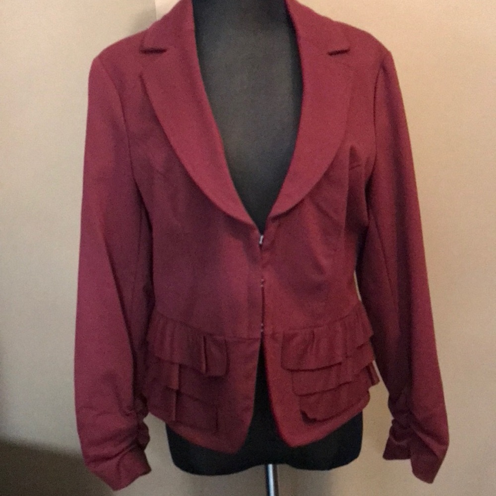 Berry colored blazer with ruffle bottom